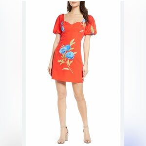 Foxiedox Red Mini Dress with Blue Floral Design